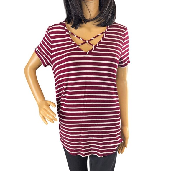 (6 for $25) Emory Park Short Sleeve Cross Strap Top in Maroon/White Size medium - Picture 1 of 6